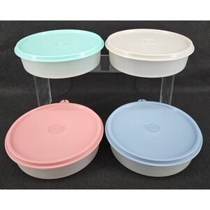 4 Vtg Tupperware Wonder Bowls 1405 Sheer w/ Pink Aqua Blue Gray Lids 227 6x2"